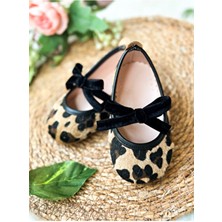 Aysskids Kadife Fiyonklu Leopar Desenli Kız Çocuk Bebek Babet Ayakkabı