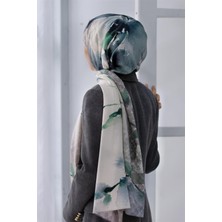 Vissona Lüks Medine Sulu Boya Çiçek Desenli Indigo Renkli 75X195 Kırışmaz Şal Moss Krep Dikiş Tipi Italyan Dikişli