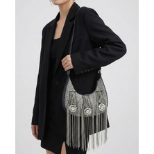 Oueen Elizabeth Kristal Taş Işleme & Zincir Püskül Detaylı ( Küçük Boy ) El-Omuz Abiye Çanta