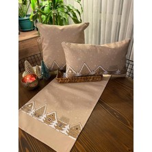 Kırlentim H1245 Bej Kurabiye Evler Kırlent Runner 3lü Kombin Set