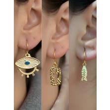 NKT Collection Kaktüs Balık Göz Sembol Figürlü 3’lü Kadın Küpe Set