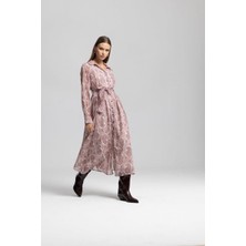 Ecenin Favorileri Şal Desen Pembe Şifon Gömlek Elbise