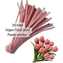 Butik 25 Adet Pastel Pembe Şönil 30 cm Çiçek Yapımına Uygun Tüylü Tel Setli Ürün