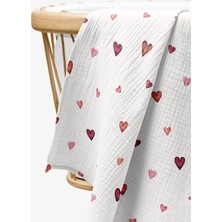 Cekic Kids 4 Kat Müslin Örtü - Kırmızı Kalp Desenli Bebek Battaniyesi - Dört Katlı Müslin 100X110 cm