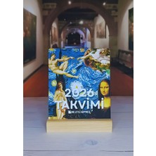 One Little Happiness 2026 Sanat Temalı Ahşap Standlı Masaüstü Takvim, Özel Tasarım Masa Takvimi