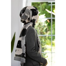 Vissona Lüks Medine Ipeği Boya Efekti Desenli Gri Renkli 75X195 Kırışmaz Şal Moss Krep Dikiş Tipi Italyan Dikişli