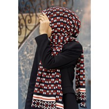 Vissona Lüks Medine Ipeği Kare Desenli Kırmızı Renkli 75X195 Kırışmaz Şal Moss Krep Dikiş Tipi Italyan Dikişli