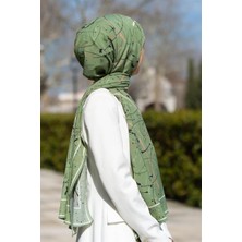 Vissona Lüks Medine Ipeği Boya Damlası Desenli Haki Renkli 75X195 Kırışmaz Şal Moss Krep Dikiş Tipi Italyan Dikişli