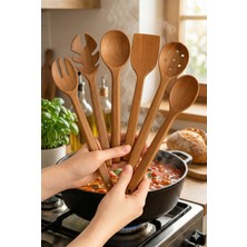 6’lı Premium Doğal Ahşap Mutfak Gereçleri Seti – Kaşık Spatula Kevgir Karıştırıcı – Çizmez, Isıya Dayanıklı, Sağlıklı