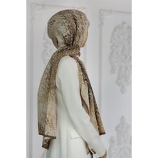 Vissona Lüks Medine Ipeği Zikzak Geometrik Desenli Bej Renkli 75X195 Kırışmaz Şal Moss Krep Dikiş Tipi Italyan Dikişli