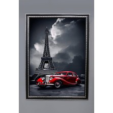 Dolce Mariee Eyfel Kulesi ve Klasik Kırmızı Araba Dijital Baskılı Kadife Kumaş Çerçeveli Tablo TBL0084