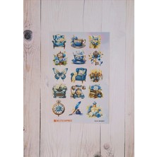 One Little Happiness Blue Temalı Vintage Journal Sticker Seti / Bullet Journal Scrapbook Kolaj Için Uygun