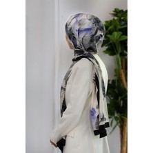 Vissona Lüks Medine Ipeği Sulu Boya Yaprak Desenli Gri - Indigo Renkli 75X195 Kırışmaz Şal Moss Krep Dikiş Tipi Italyan Dikişli