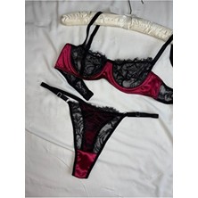 Rozenin Lingerie Rozenin Kırmızı Dantel Detaylı Saten Kapsız Balenli Bralet Takım 2 Parça Konforlu Tasarım