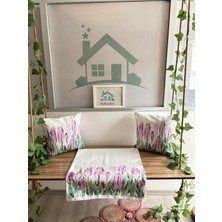 Kırlentim H1203 Pembe Mor Laleler Kırlent Runner 3lü Kombin