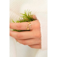 Trend Collection Gold Çift Yaprak Taşlı Açık Model Kadın Yüzük - Ayarlanabilir