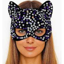 Eco Port Siyah Kadife Kumaş Üzerine Mor Beyaz Payetli Pullu Parti Maskesi 16X14 cm