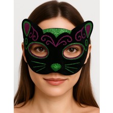 Eco Port Siyah Kadife Kaplama Üzeri Pembe Yeşil Sim Işlemeli Kedi Maskesi 20X13 cm