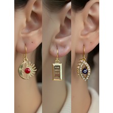 NKT Collection Nazar Göz Külçe Altın Ay Güneş Sembol Figürlü 3’lü Kadın Küpe Set