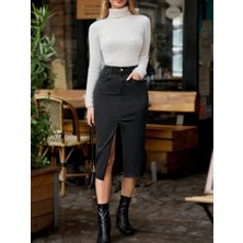 Martcini Kadın Yüksek Bel Önden Yırtmaçlı Cepli Midi Kot Etek