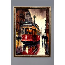 Dolce Mariee Kırmızı Tramvay Desenli Dijital Baskılı Kadife Kumaş Çerçeveli Tablo TBL0052