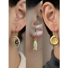 NKT Collection Balık Deniz Kabuğu Nazar Göz Sembol Figürlü 3’lü Kadın Küpe Set