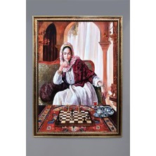 Dolce Mariee Satranç Oynayan Kadın Desenli Dijital Baskılı Kadife Kumaş Çerçeveli Tablo TBL0064