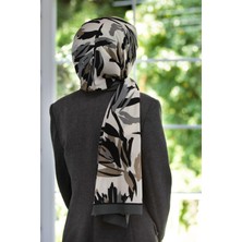 Vissona Lüks Medine Ipeği Yaprak Desenli Gri Renkli 75X195 Kırışmaz Şal Moss Krep Dikiş Tipi Italyan Dikişli