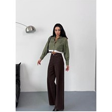 Zeo Basic Kadın Kahverengi Baggy Jean Yüksek Bel Geniş Paça Kot Pantolon