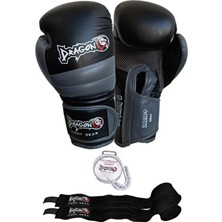 DragonDo Unisex Siyah Attack 6 Kick Boks Muay Thai Boks Eldiveni Suni Deri Bandaj ve Dişlik Seti