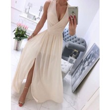 Martcini Kadın Şifon Kumaş V Yaka Sıfır Kol Maxi Boy Elbise