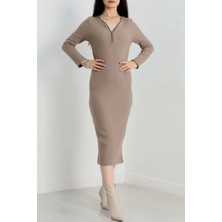 MGN Fermuar Detaylı Fitilli Şardonlu Elbise Bej