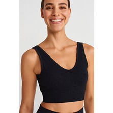 Dantel Görünümlü Pedli V Yaka Spor Sütyeni Siyah