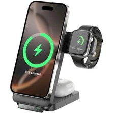 Bix TPS01 3’ü 1 15W Kablosuz Şarj Cihazı Telefon Tws Kulaklık Akıllı Saat Gece Işıklı Çok Fonksiyonlu Siyah