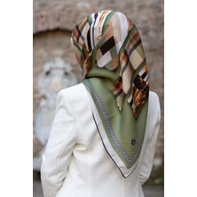 Vissona %100 Twill Ipek Ekose Desenli Haki - Bakır Renkli 90X90 Eşarp Dikim Şekli : El Dikişi