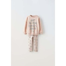 Magu Kız Çocuk Pamuklu Pudra Slogan Baskılı Sweatshirt Çiçek Desenli Tayt Takım