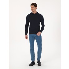 Cacharel Erkek Lacivert Slim Fit Yün Karışımlı Çeyrek Balıkçı Yaka Basic Triko Kazak 50318891-VR033