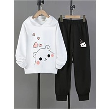 Sinser Teks Çocuk Beyaz Kapüşonlu Tatlı Ayıcık Baskılı Eşofman Takımı