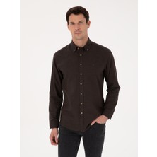 Cacharel Koyu Kahverengi Slim Fit %100 Pamuk Yakası Düğmeli Flanel Gömlek 50313122 VR084