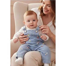 Altıntaş Baby Renkli Çiçek Nakışlı Pamuk Kot Görünümlü Örme Kumaş 2'li Salopet Set Uzun Kol