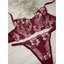 Rozenin Lingerie Rozenin Bordo Çiçekli Balenli Kapsız Tül Sütyen Takımı Esnek Yapı ve Yumuşak Kumaş Özellikli