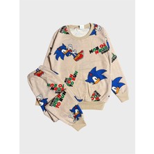 Aliş Kids Erkek Çocuk Pamuklu Şardonlu Bej Rengi Sonic Desenli Uzun Kollu Kışlık Pijama Takımı