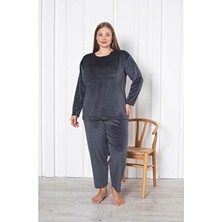 Asel Büyük Beden Kadife Takım Erkek Uzun Kol Düz Desenli Kış Sezonu Gri Renk Konfor