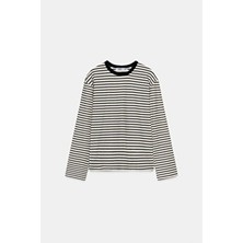 Açelya Okcu Premium Pamuklu Oversize Çizgili Uzun Kol Tişört