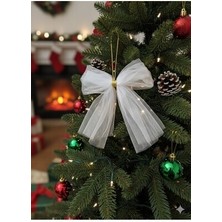 Emtory 5 Adet Büyükboy - Beyaz Fiyonk Kurdele - Gold Detaylı - 13X15CM - Yılbaşı Süsü - Yılbaşı Ağaç Süsü