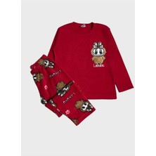 Aliş Kids Kız Çocuk Polar Kumaş Kırmızı Labubu Desenli Uzun Kollu Kışlık Pijama Takımı