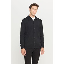 Erkek Siyah Pamuklu Standart Fit Normal Kesim Gömlek Yaka Triko Hırka Kazak