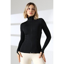 Lubiti Kadın Dar Kesim Fermuarlı Ceket Pamuk-Polyester Sportswear Orta Boy Siyah