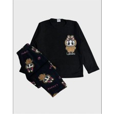 Aliş Kids Erkek Çocuk Polar Kumaş Siyah Labubu Desenli Uzun Kollu Kışlık Pijama Takımı