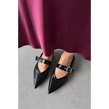 Straswans Bruno Kadın Kemer Detay Kırışık Deri Babet Siyah